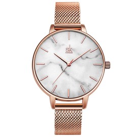 Alienwork Armbanduhr Damen Roségold Metall Mesh Armband Edelstahl Weiss Ultra-flach Elegant