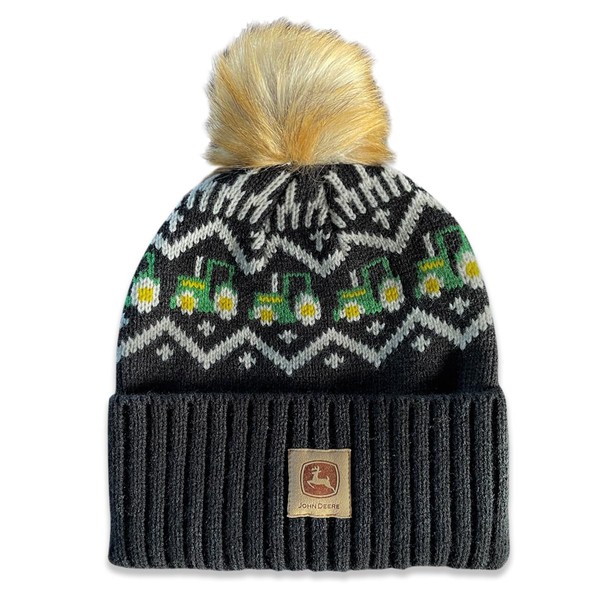 John Deere Womens Jaquard Logo Patch Pom Beanie-Black, Black, One