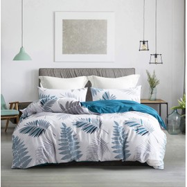 SLEEPBELLA Duvet Cover Full, 600 Thread Count Cotton Leaf Botanical Pattern Print Reversible Comforter Cover Set (Full, Teal Blue-Leaf)