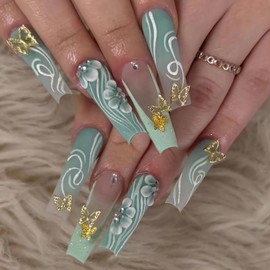 BABALAL Coffin Press on Nails Long Fake Nails Green Glitter Glue on Nails 3d Golden Butterfly Shiny Ballerina Acrylic Nails for Women and Girls