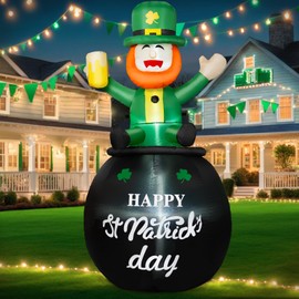 B&D 6FT St Patricks Day Inflatables Outdoor Decorations, Blow Up Leprechaun Holds Beer Cup Sitting on Pot of Gold Built-in LED Lights, St Patricks Day Decorations for Irish Day Yard Garden Lawn Decor