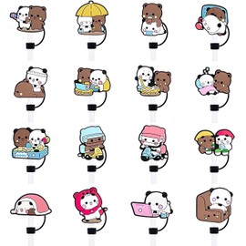 16PCS Couple Bear Straw Cover Caps for Tumblers, Bubu Dudu PVC Silicone 10mm Dringking Straws Toppers Protector Dust-Proof Reusable Bulk, BPA Free, Eco-Friendly fit for Party Gifts