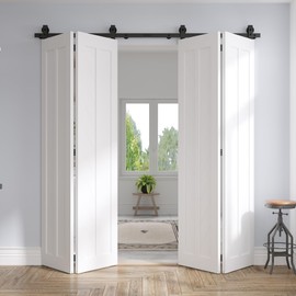 COSHOMER 52'' Bifold Barn Door Hardware Kit,4.3FT Heavy Duty Sliding Barn Door Track Kit for Four 12" Closer Interior Door,Side Mounted Black Roller Smoothly Quietly,Assembly Easy(Not Door)