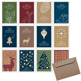 12 x Christmas Cards & Envelopes I Mix Set Nature I 12 Designs I Premium Folding Cards B6 I Private & Business