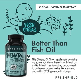 Freshfield Prenatal Vegan Omega 3 DHA: Sustainable, Carrageenan Free, Third Party Tested, Compostable Bottle, Carbon Neutral. Supports Heart, Brain, Joint Health w/DPA