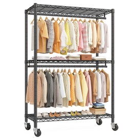 Raybee Clothes Rack, 45" W Clothing Racks for Hanging Clothes, Garment Rack with Wheels and Adjustable Feets, Max Load 440LBS, Black