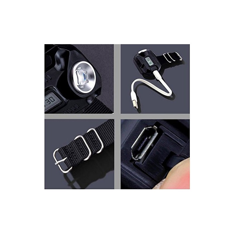 Maxbei Waterproof LED Tactical Display Rechargeable Wrist Watch Flashlight Multi