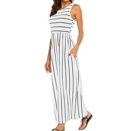 Hount Women's Pockets Swing Summer Sleeveless Striped Casual T-Shirt Dress (White, Large)
