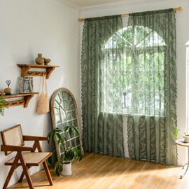 Sutuo Home Olive Green Lace Curtains 84 Inches Long for Bedroom Living Room, Leaf Embroidery Window Sheer Drapes Pair, Rod Pocket Vintage Country Window Treatments Set of 2 Panels, 57" W x 84" L