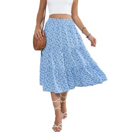 Lyrur - Falda midi floral para mujer, con bolsillos, cintura elástica alta, con volantes, estilo casual, para verano, estilo bohemio, Margarita azul, Small