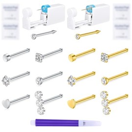 TOKRING Nose Piercing Kit - 2 Packs Self Piercing Gun with Silver Gold Straight Nose Studs Pin, Disposable Safety Piercing Kit