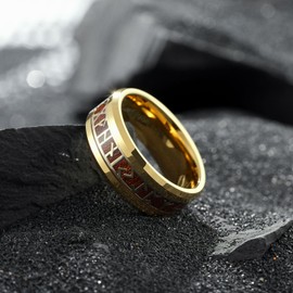 King Will Tungsten Mens Gold Ring - 8mm Men's Wedding Band Inlay with Gold Norse Viking Rune & Hawaii Koa Wood, High Polished Beveled Edge for Daily Wear, Comfort Fit Size 11