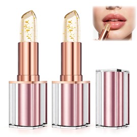 2PCS Kivora Transferproof Color Changing Lipstick, Color Changing Lipstick Gold Foil for Women, Moisturizing Glossy Shine Lip Gloss, Deep Nourishment (Pink)