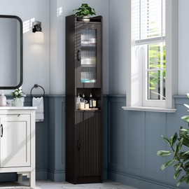 Baztin Tall Bathroom Storage Cabinet, Narrow Storage Cabinet with Adjustable Shelf Thin Linen Tower Two-Way Doors Contemporary Cabinet for Bathroom, Kitchen, Living Room, Espresso