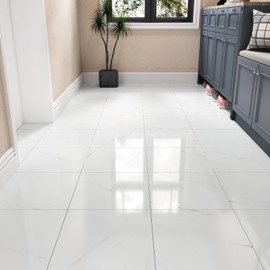 Wallercity White Marble Peel and Stick Vinyl Floor Tiles 6-Pack 12x12 Inches Self Adhesive Waterproof Flooring Planks for Bathroom Kitchen Bedrooms Stick on Floor Tiles Laminate Sheets Vinyl Flooring