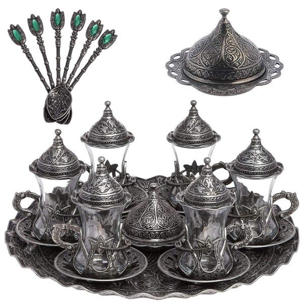 Alisveristime Handmade Turkish Tea Water Zamzam Serving Set Glasses Saucer, Tray and Spoon (Authentic Black)