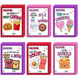 Ungirds 30 Pack Valentines Day Cards for Kids - 6 Adorable Food-Themed Designs Cute Valentines Cards with 30 White Envelopes for Boys Girls Classroom School Exchange (Valentines Day Cards)