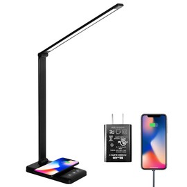 Himigo LED Desk Lamp with Wireless Charger,Eye-Caring Table Lamps,Stepless Dimmable Office Lamp with USB Charging Port,Touch/Memory/Timer Function,25 Brightness Lighting,Foldable Lamp