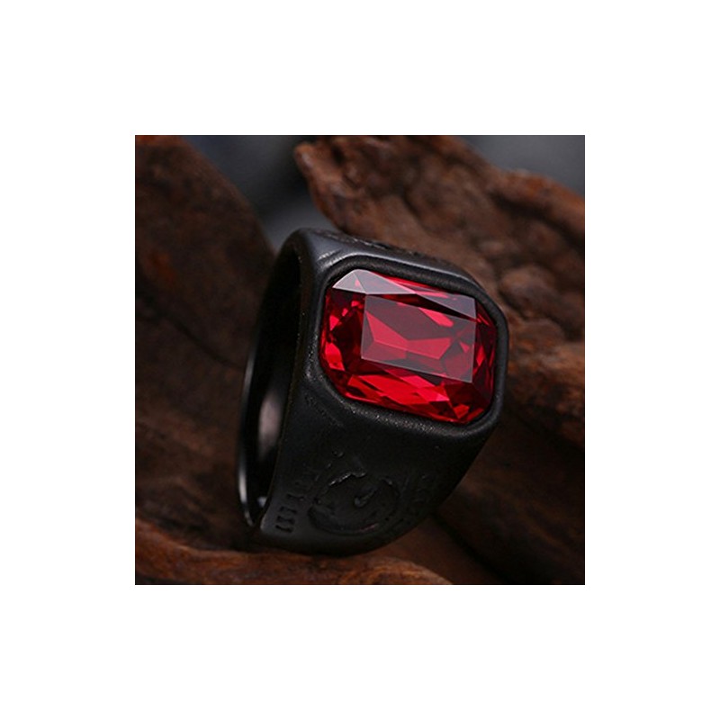 Black Stainless Steel Red Crystal Signet Biker Ring (Z+5)