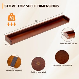 Fun Memories Stove Top Shelf, 30" Magnetic Shelf for Kitchen Stove, Pine Wood Stove Shelf, Wall Mounted Shelf for Home Storage Organization, Heat and Pressure Resistant, 1pcs, Walnut