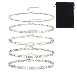 Set of 5 Bracelets, Chains Bracelet Set, Snake Chain Bracelet, Stackable Silver Bracelet Set, Stainless Steel Adjustable Bracelet Set, Fashion Jewellery for Women and Girls