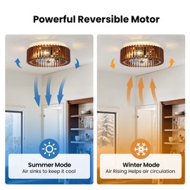 OWENKEET 20" Farmhouse Wooden Caged Flush Mount Ceiling Fan with Lights, DC Motor, 6 Speeds Remote Control, Low Profile Bladeless Fandelier for Bedroom, Kitchen, Living Room