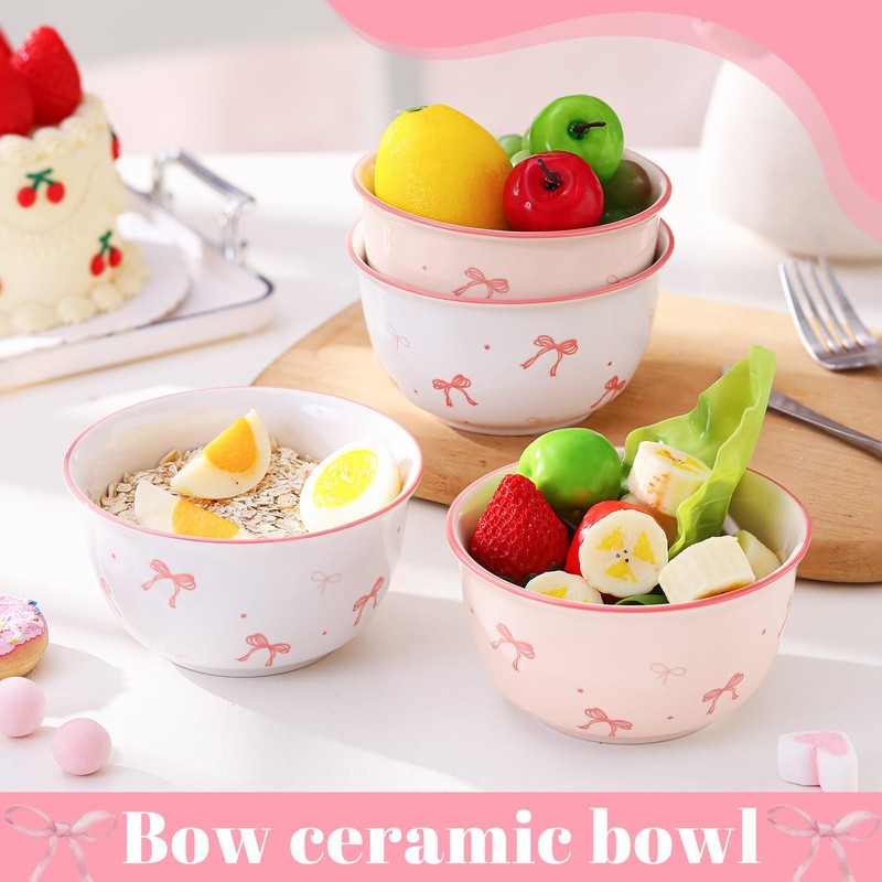 Maxdot 10 oz Pink Bow Ceramic Bowls Set of 4