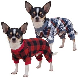 XPUDAC 2 Pack Plaid Dog Pajamas for Small Sized Dog, 4-Way Stretch Soft Pet Onesie Lightweight Warm Pet Clothes Jammies for Small Breeds, L