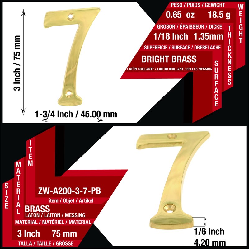 ZW Hardware A200 3 Inch Bright Brass House Number 7