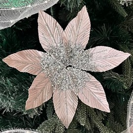 4 Pcs Christmas Glitter Artificial Poinsettia, 25CM Christmas Tree Flower Christmas Poinsettia Flowers Artificial Christmas Flower Decoration for Wedding Christmas Wreath Home Party Decor (Pink)