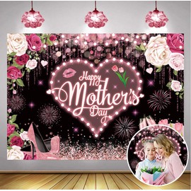 Happy Mother's Day Backdrop 7x5FT Pink Flowers Love Heart Thanks Mother Banner Background Mothers Day Party Decorations Supplies Photo Props