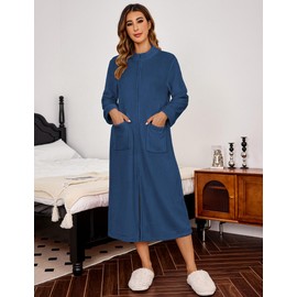 Ekouaer Women Zipper Robe Fleece Long Sleeves Bathrobe Sleepwear Warm Soft Housecoat with Pockets Zip Up House Dresses