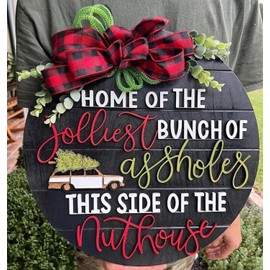 Svnntaa Hanging Christmas Sign Wood Christmas Welcome Door Sign Home of The Jolliest Bunch of Assholes National Lampoon's Christmas Vacation Holiday Decor Wooden Wreath (3D Black)