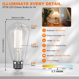 Kawaya E26 LED Edison Bulbs: 8W Equivalent 80W Dimmable LED Bulbs - Vintage ST58 4000k ‎Neutral White - 800 Lumens High Brightness Filament Bulbs with 90+ CRI - Clear Glass, 6 Pack