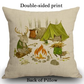 Smooffly Camping Animals Cushion Cover, Outdoor Cushion Tree Deer Fox Tent Bonfires Outdoor Adventure Throw Pillow Case Decorative for Living Room Sofa Bed,45cmx45cm 18x18 inch