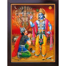 HandicraftStore Lord Krishna Showing his Vishnu Roopa to Arjuna in Mahabharata Battle Field, A Religious & Elegant Poster with Frame with Frame, Must for Office/Home/Religious