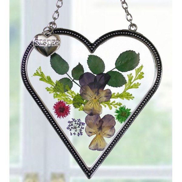 BANBERRY DESIGNS Sister Suncatcher - Glass Heart Shaped Suncatcher with Pressed Flowers and Engraved Sister Charm Sisters Gift- 4 Inch