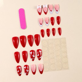Valentine's Day Red Press on Nails French Tip Fake Nails with Heart Bow Designs Medium Almond Glue on Nails Cute Acrylic False Nails Glossy Full Cover Artificial Nails Valentines Stick on Nails 24Pcs