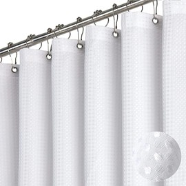 Cortina de Ducha para baño con 12 Ganchos,180 * 180cm Cortina De Ducha,Cortina de Ducha de Tela Waffle,Cortina de baño Resistente para habitación húmeda,bañera y Ducha,Impermeable,Duradero (Blanco)