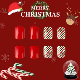 Christmas Press on Nails Short Square Fake Nails Acrylic Nails Press ons Glossy Glue on Nails Red False Nails with Christmas Tree Candy Canes Designs Artificial Stick on Nails for Women 24Pcs