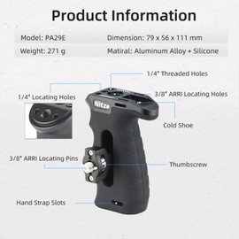 Nitze Ergonomic Side Handle with Detachable 3/8" ARRI Locating Pins,Aluminum Camera Cage Handgrip for Left or Right Hand, Up and Down Adjustable - PA29E