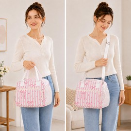 Lunch Box for Women Girls Cute Insulated Lunch Bag Large Lunch Tote bags with Adjustable Strap for Work Picnic School (Bow Pink Stripes)