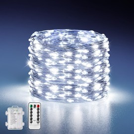 WdtPro Fairy Lights Battery Operated with Remote, 33Ft 100 LED Battery Powered String Lights with Timer, Outdoor Waterproof 8 Modes Twinkle Lights for Bedroom Indoor Christmas Decor White