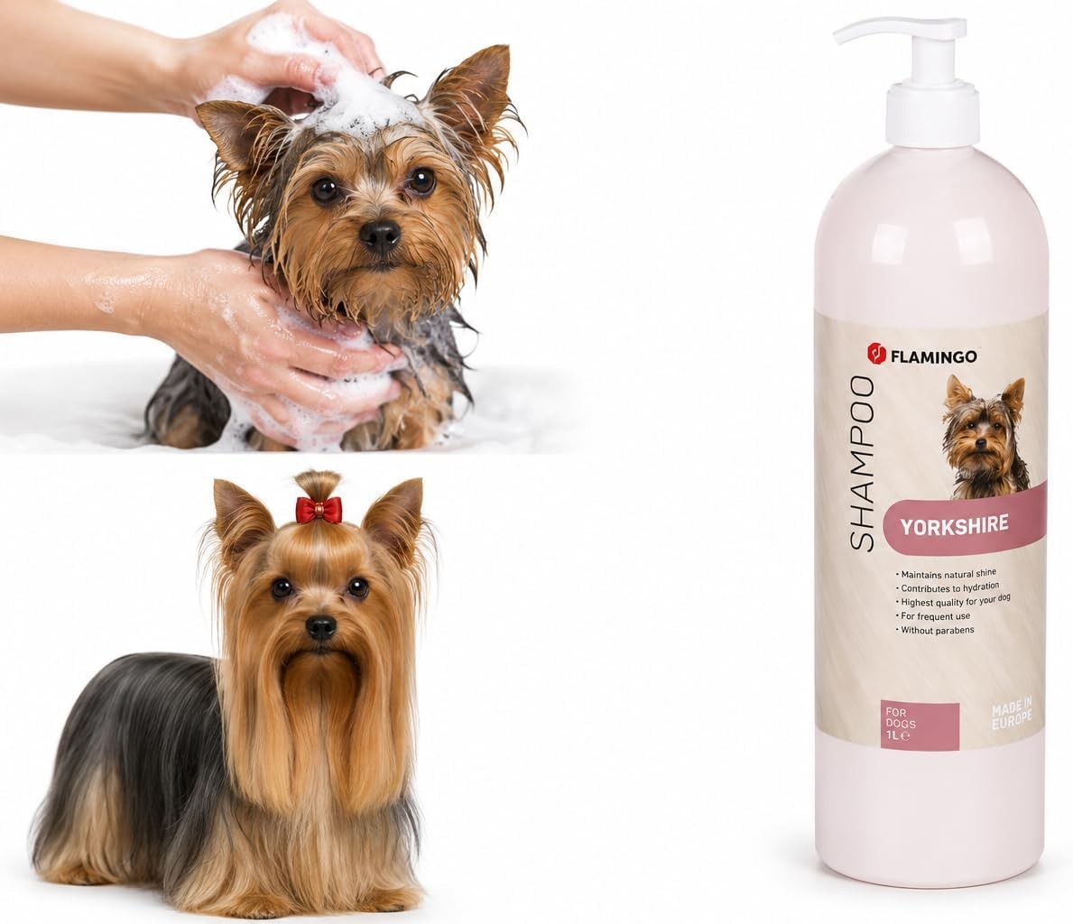 Flamingo Shampoo for Yorkshire Terriers and Other Long-Haired Breeds - 1L for Extended Care - Ideal for Yorkshire Terriers, Maltese, Shih Tzus, Lhasa