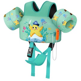 MoKo Toddler Swim Vest for Kids, Swim Arm Floaties 30-70 lbs Cartoon Swimming Water Wings with Crotch Strap, Pool Float Vests Sleeves Shoulder Straps Arm Band for Children, Indigo Starfish