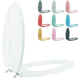 BLOFDE Elongated Toilet Seat Wood Toilet Seat Prevent Shifting with Zinc Alloy Hinges American Standard Size Toilet Seat Easy to Install also Easy to Clean(Elongated,Marble)