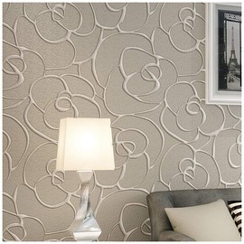 Q QIHANG Papel tapiz moderno minimalista, no tejido, con relieve 3D de flores de rosa, no autoadhesivo, color crema y gris, 0.53 m (1.738' W) x 10 m (32.8' L) = 5.3 m² (57 pies cuadrados)