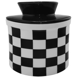 Ceramic Checkered Butter Keeper Holder Jar for Fresh Spreadable Butter, Orkim Le Creuset Water Seal Butter Crock Cup Holder with Lid and Water Line for Countertop, Round Butter Dish Saver Bowls