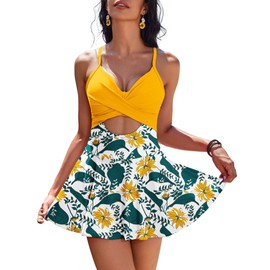 AI'MAGE Women's One Piece Swimdress V Neck Tie Back Skirt Swimsuit Push Up Tummy Control Bathing Suits Yellow Floral