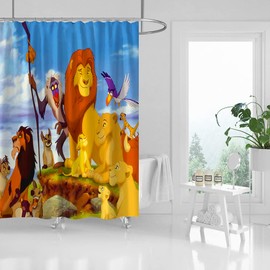 Kids Lion Shower Curtain Cartoon Animals King Bath Curtain Set, Washable Fabric Kids Bathroom Shower Curtains with Hooks Blue Yellow (71WX71H Inches)
